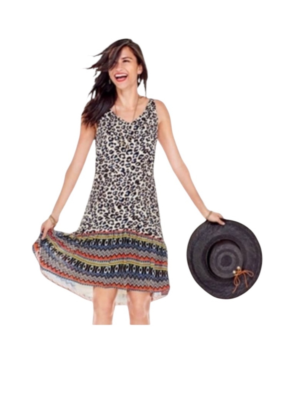 CAbi leopard and mixed print flowy ruffle hem slip dress Size XS